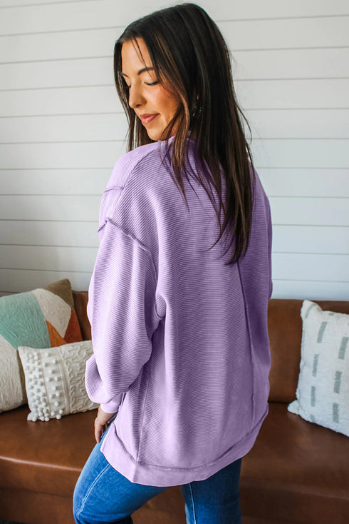 Horizontal Ribbed Drop Shoulder Baggy Textured Pullover Top