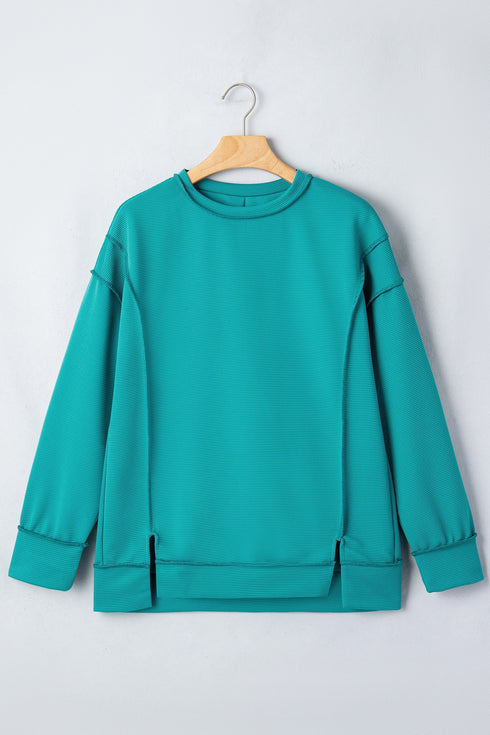 Horizontal Ribbed Drop Shoulder Baggy Textured Pullover Top