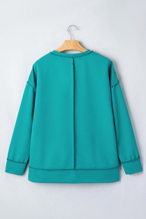 Horizontal Ribbed Drop Shoulder Baggy Textured Pullover Top