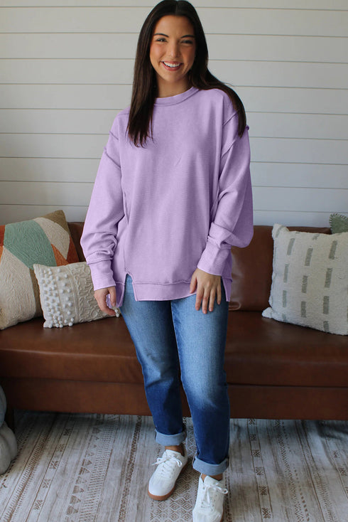 Horizontal Ribbed Drop Shoulder Baggy Textured Pullover Top