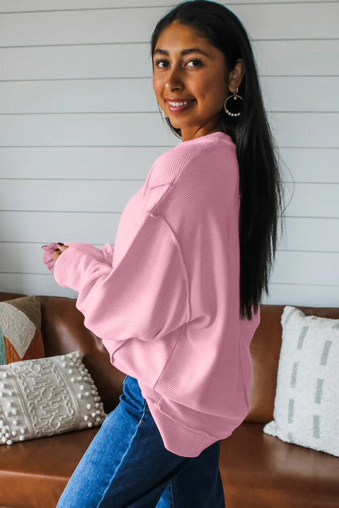 Horizontal Ribbed Drop Shoulder Baggy Textured Pullover Top