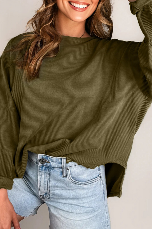 Horizontal Ribbed Exposed Seam Patchwork Sleeve Loose Top