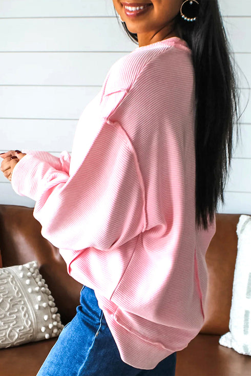 Horizontal Ribbed Textured Exposed Seam Long Sleeve Top