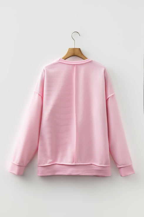 Horizontal Ribbed Textured Exposed Seam Long Sleeve Top