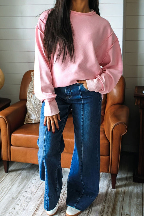 Horizontal Ribbed Textured Exposed Seam Long Sleeve Top