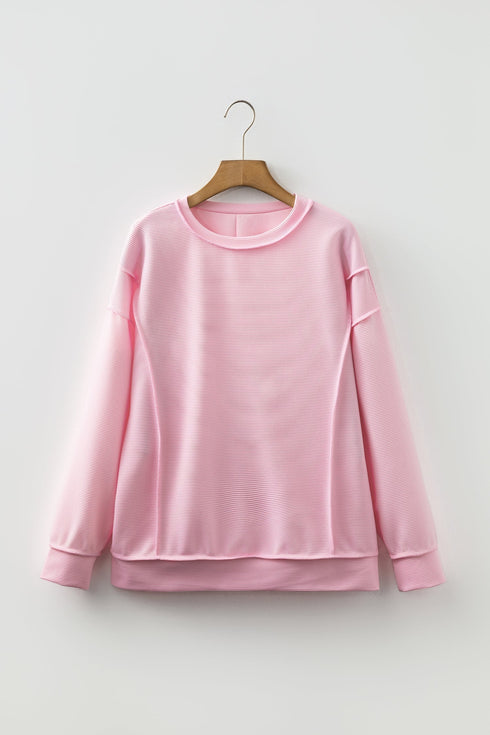 Horizontal Ribbed Textured Exposed Seam Long Sleeve Top