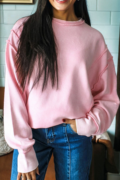 Horizontal Ribbed Textured Exposed Seam Long Sleeve Top