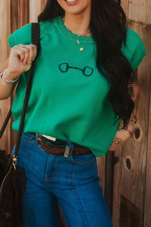 Horse Bit Graphic Short Sleeve Knit Sweater