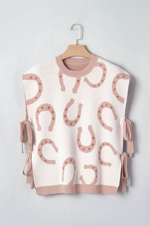 Horse Shoe Western Print Tied Side Short Sleeve Sweater
