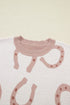 Horse Shoe Western Print Tied Side Short Sleeve Sweater