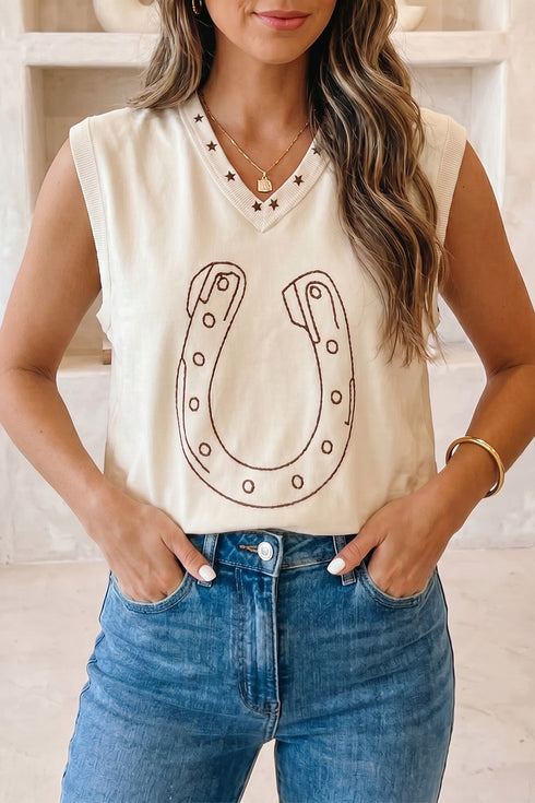 Horseshoe Embroidered Star Trim V Neck Loose Tank Top