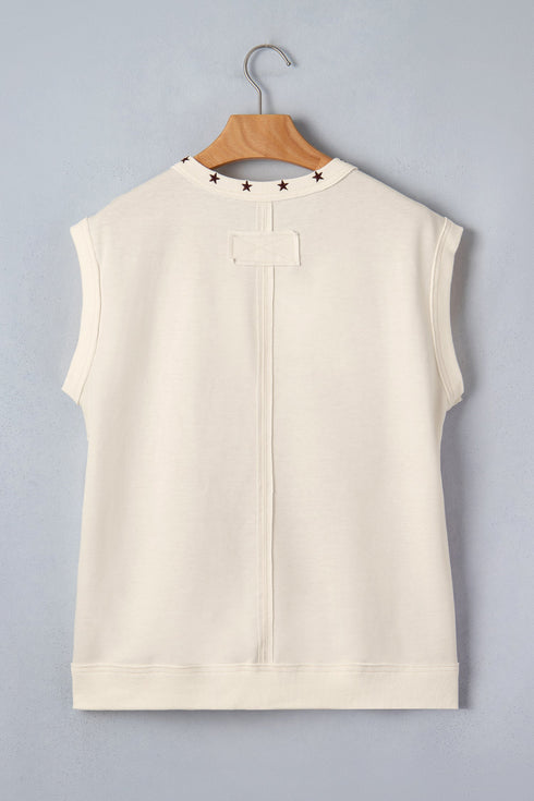 Horseshoe Embroidered Star Trim V Neck Loose Tank Top
