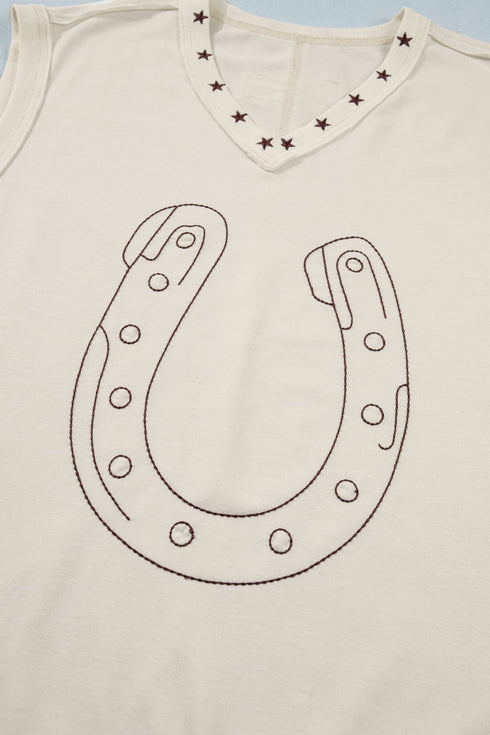 Horseshoe Embroidered Star Trim V Neck Loose Tank Top