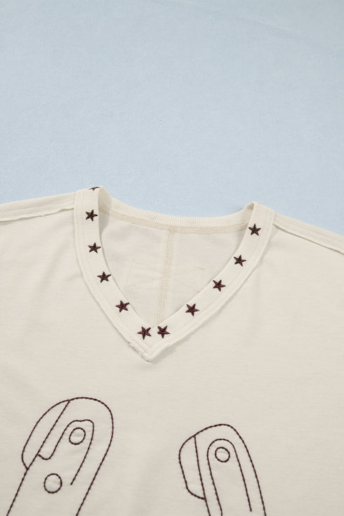 Horseshoe Embroidered Star Trim V Neck Loose Tank Top