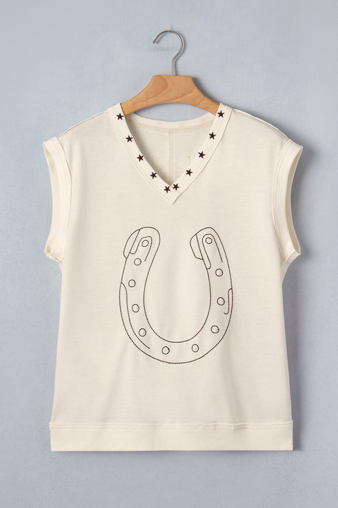 Horseshoe Embroidered Star Trim V Neck Loose Tank Top