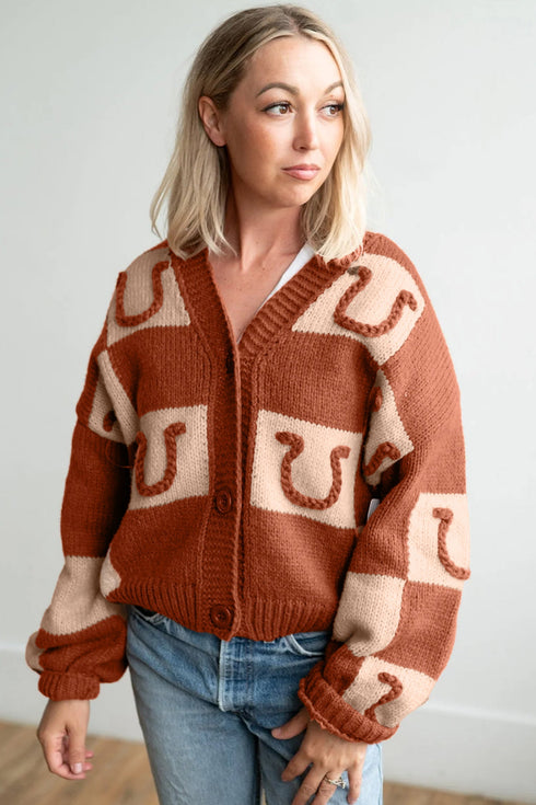 Horseshoe Plaid V Neck Button Front Cardigan