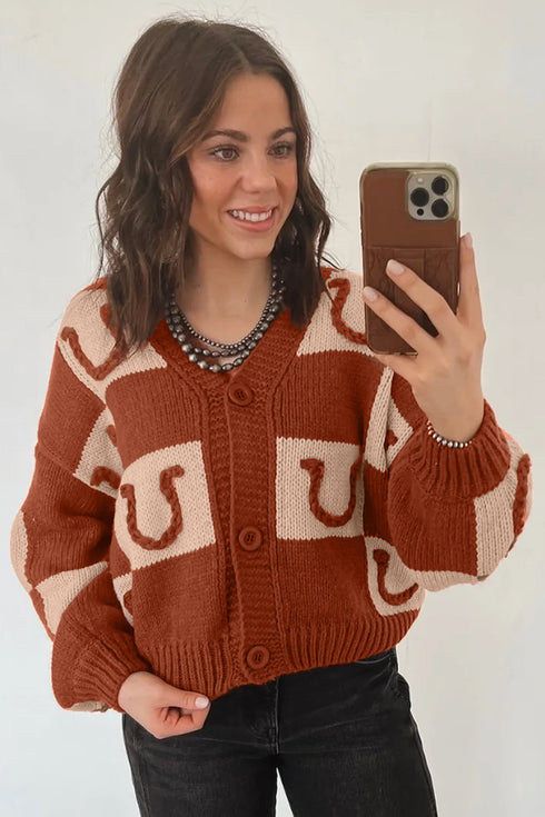 Horseshoe Plaid V Neck Button Front Cardigan