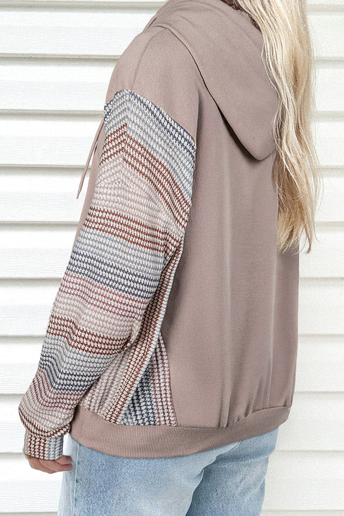 Houndstooth Contrast Sleeve Drawstring Pullover Hoodie