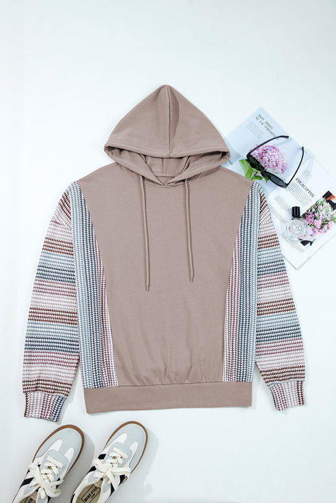 Houndstooth Contrast Sleeve Drawstring Pullover Hoodie