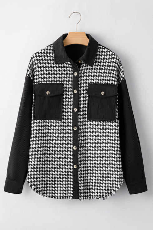 Houndstooth Corduroy Patchwork Flap Pocket Shirt Jacket