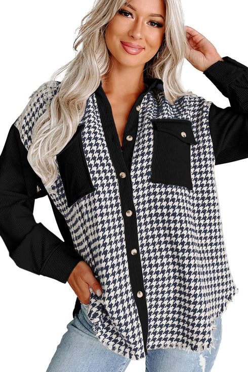 Houndstooth Corduroy Patchwork Flap Pocket Shirt Jacket