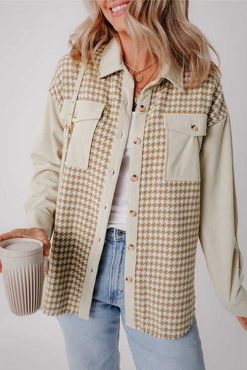 Houndstooth Corduroy Patchwork Flap Pocket Shirt Jacket