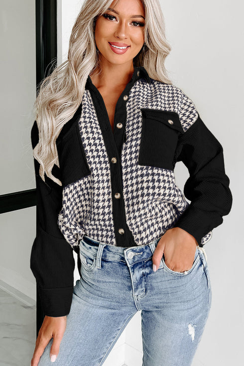 Houndstooth Corduroy Patchwork Flap Pocket Shirt Jacket