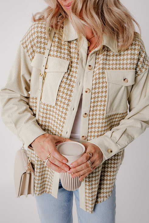 Houndstooth Corduroy Patchwork Flap Pocket Shirt Jacket