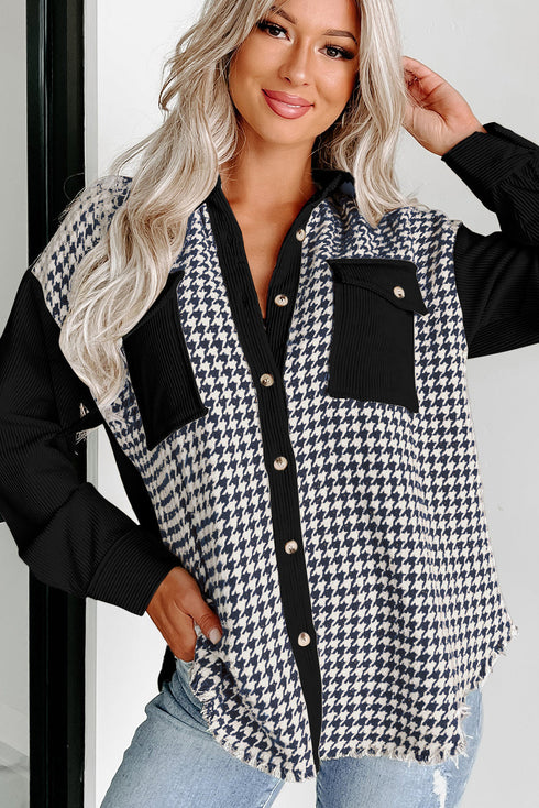 Houndstooth Corduroy Patchwork Flap Pocket Shirt Jacket