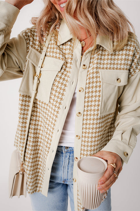 Houndstooth Corduroy Patchwork Flap Pocket Shirt Jacket