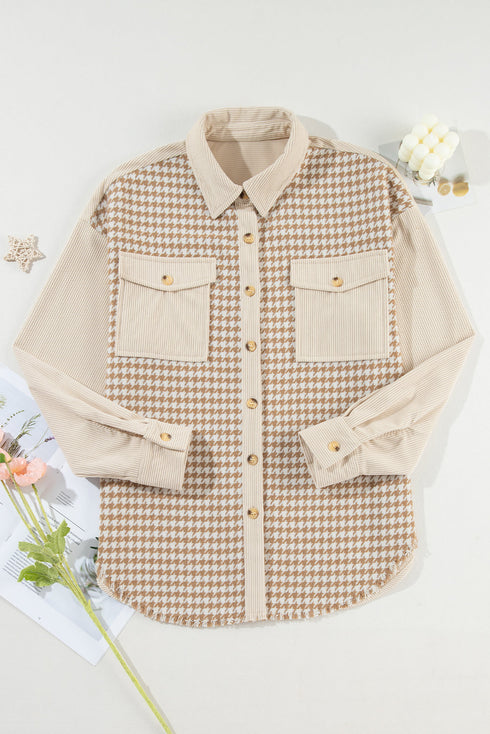 Houndstooth Corduroy Patchwork Flap Pocket Shirt Jacket