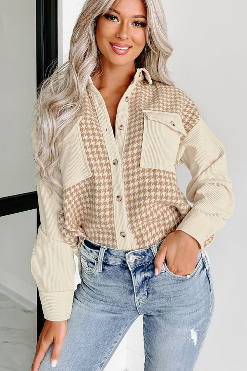 Houndstooth Corduroy Patchwork Flap Pocket Shirt Jacket