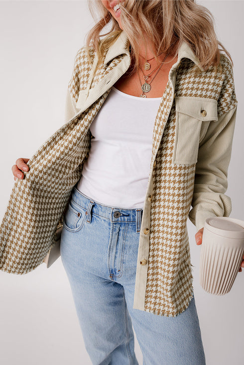 Houndstooth Corduroy Patchwork Flap Pocket Shirt Jacket