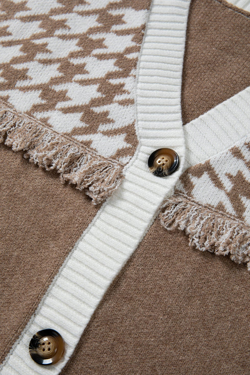 Houndstooth Fringe Detail Button Front Knit Cardigan