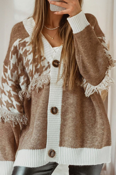 Houndstooth Fringe Detail Button Front Knit Cardigan