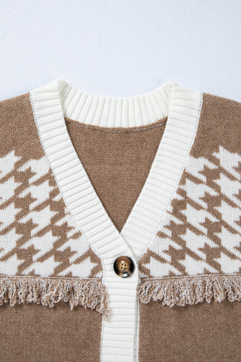 Houndstooth Fringe Detail Button Front Knit Cardigan