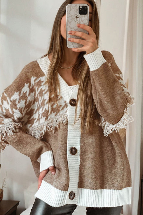 Houndstooth Fringe Detail Button Front Knit Cardigan