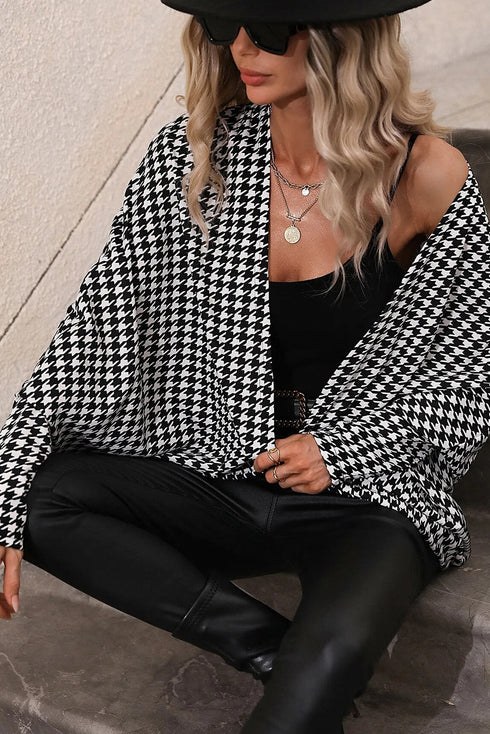 Houndstooth Pattern Oversized Batwing Sleeve Open Cardigan