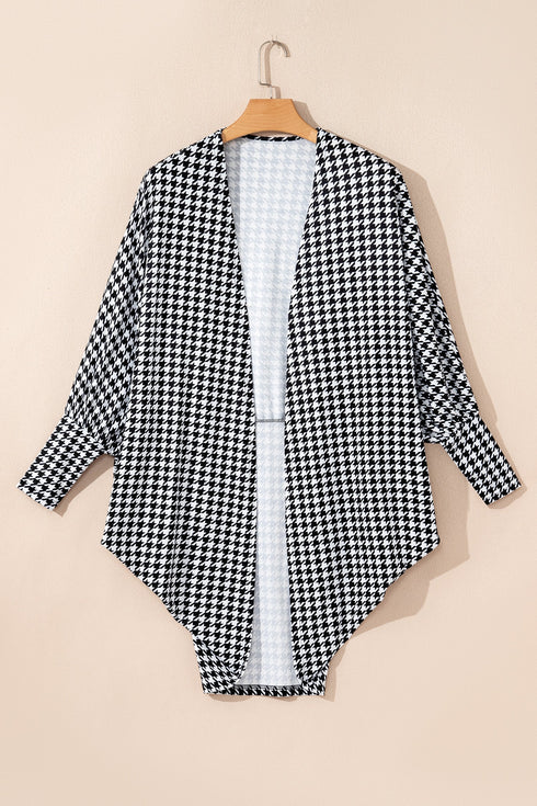 Houndstooth Pattern Oversized Batwing Sleeve Open Cardigan