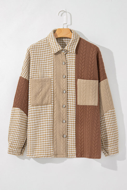 Houndstooth Patterned Textured Patchwork Loose Shacket Jackets