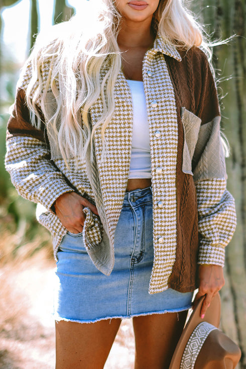 Houndstooth Patterned Textured Patchwork Loose Shacket Jackets