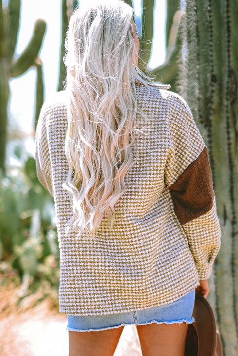 Houndstooth Patterned Textured Patchwork Loose Shacket Jackets