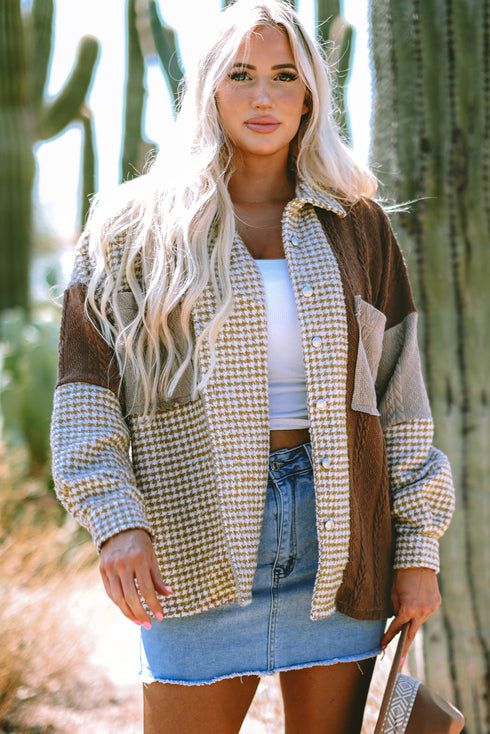 Houndstooth Patterned Textured Patchwork Loose Shacket Jackets