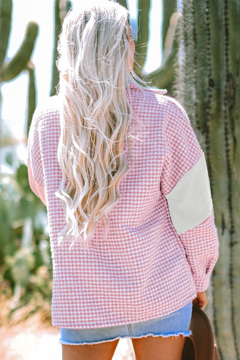 Houndstooth Patterned Textured Patchwork Loose Shacket Jackets