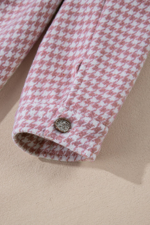 Houndstooth Patterned Textured Patchwork Loose Shacket Jackets