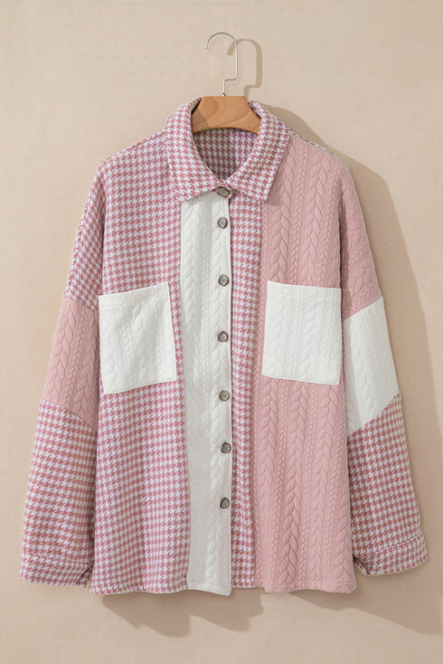Houndstooth Patterned Textured Patchwork Loose Shacket Jackets