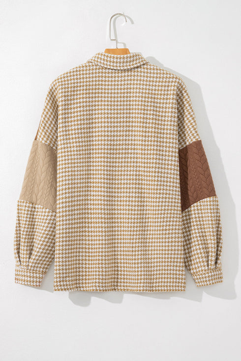 Houndstooth Patterned Textured Patchwork Loose Shacket Jackets
