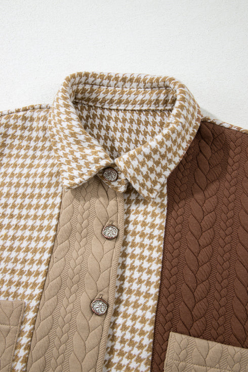 Houndstooth Patterned Textured Patchwork Loose Shacket Jackets
