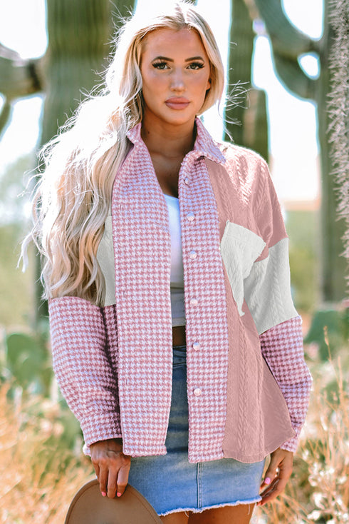 Houndstooth Patterned Textured Patchwork Loose Shacket Jackets