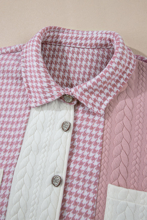 Houndstooth Patterned Textured Patchwork Loose Shacket Jackets